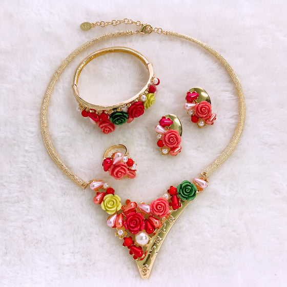 18K 
High quality Italian Gold Floral Candy Beads jewelry Set