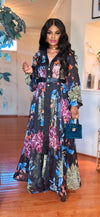 FLORAL BELTED MAXI DRESS(BLACK MULTI)