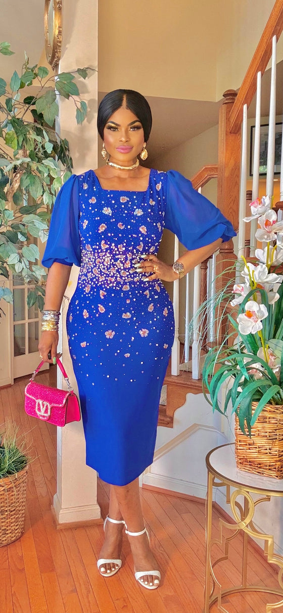 Short sleeve rhinestone maxi dress(Royal blue )