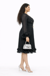 Regal Petal Long-Sleeve Midi Dress(Black)