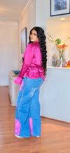 Pink/Blue Flame Studded Wide-Leg Denim(Bottom)