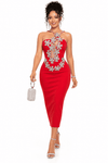 Scarlet Luxe Crystal Bloom Bandage Dress(Red)