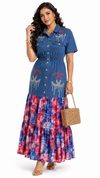 Crystal Charm Denim Maxi Dress(Blue)