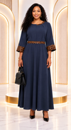 Savannah Grace Animal-Print Trim Maxi Dress(Navy)
