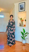 Floral Elegance Pleated Maxi Dress with Rhinestone Belt