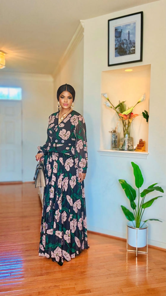 Floral Elegance Pleated Maxi Dress with Rhinestone Belt