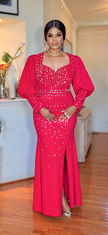  RHINESTONE PUFFY SLEEVES SIDE SLIT MAXI DRESS(RED)