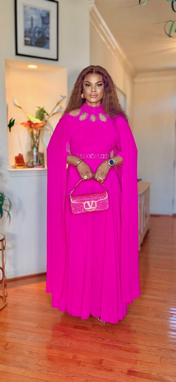 CAPE/FLOWY GEMSTONE BELTED DRESS(PINK)