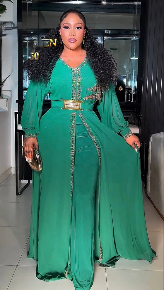 Green  Luxe Embellished Cape Jumpsuit