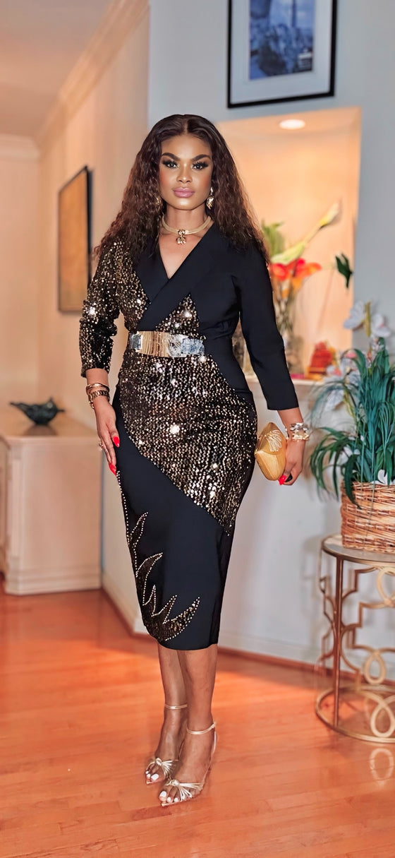 BELTED/SEQUINS MIDI DRESS(GOLD-BLACK)