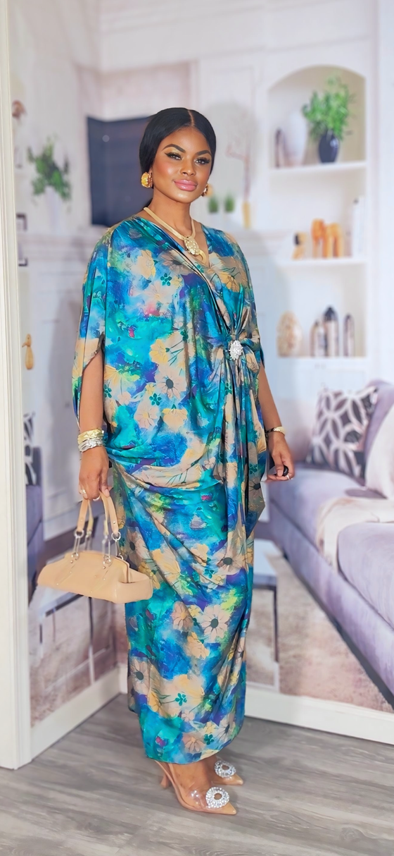 Luxe Royal Satin Kaftan Dress(Blue)