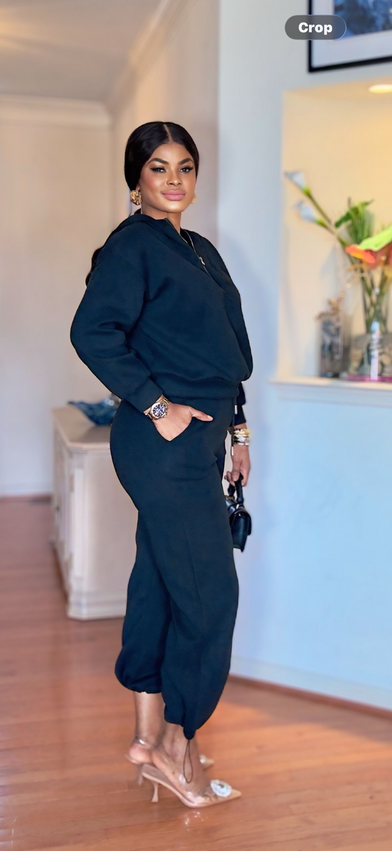 Black Luxe Half-Zip Jogger Set(Black)