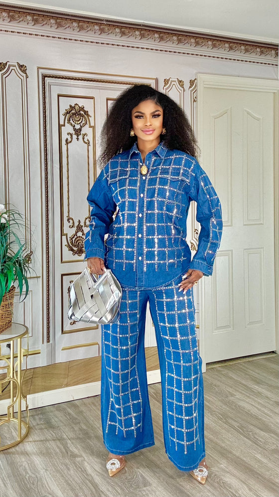 Crystal Grid Denim Set