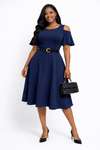 Elegant Navy Belted Cold-Shoulder Midi Dress