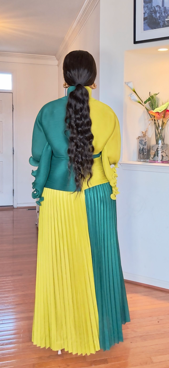 Two-Tone Royal MIYAKI Pleated Skirt Set 💛💚