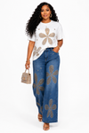 Golden Bloom Rhinestone Denim Pant Set