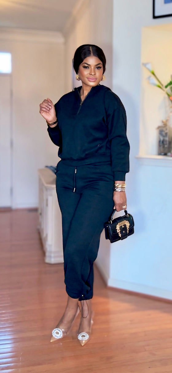 Black Luxe Half-Zip Jogger Set(Black)