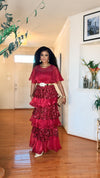 RHINESTONE SHORTSLEEVED BELTED LAYERED MAXI DRESS(BURGUNDY)