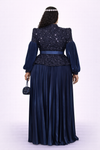 Navy Luxe Sequin Peplum satin Pleated Skirt Set