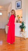 RHINESTONE BELTED LONG-SLEEVE MAXI DRESS (RED)