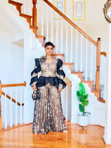  Gold & Black Luxury Lace Peplum Pant Set