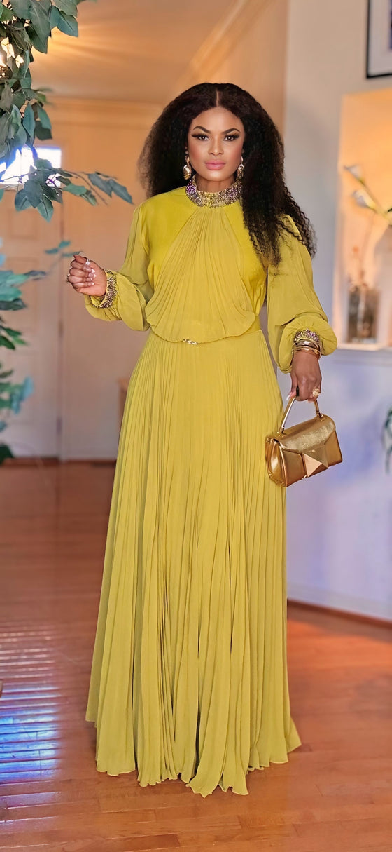 Belted Longsleeve pleated maxi dress(LEMON)