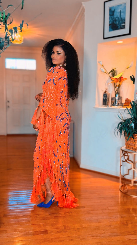 COUTURE HAND BEADED TASSELS MAXI DRESS(ORANGE-BLUE)