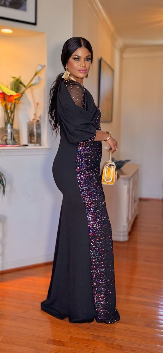 RHINESTONE RUCHED FRONT SLIT MAXI DRESS(BLACK)