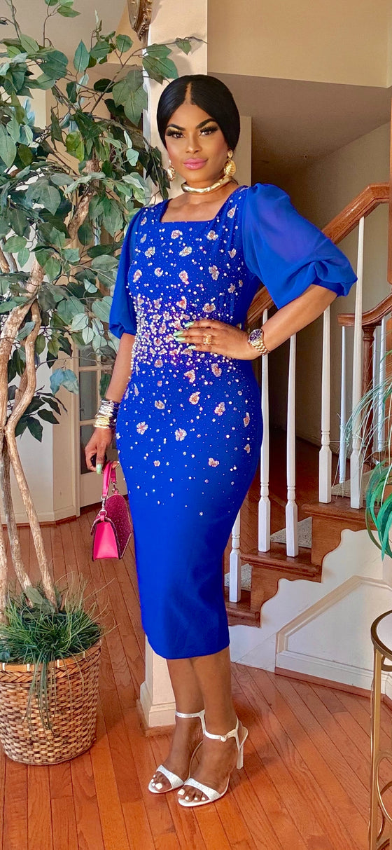 Short sleeve rhinestone maxi dress(Royal blue )