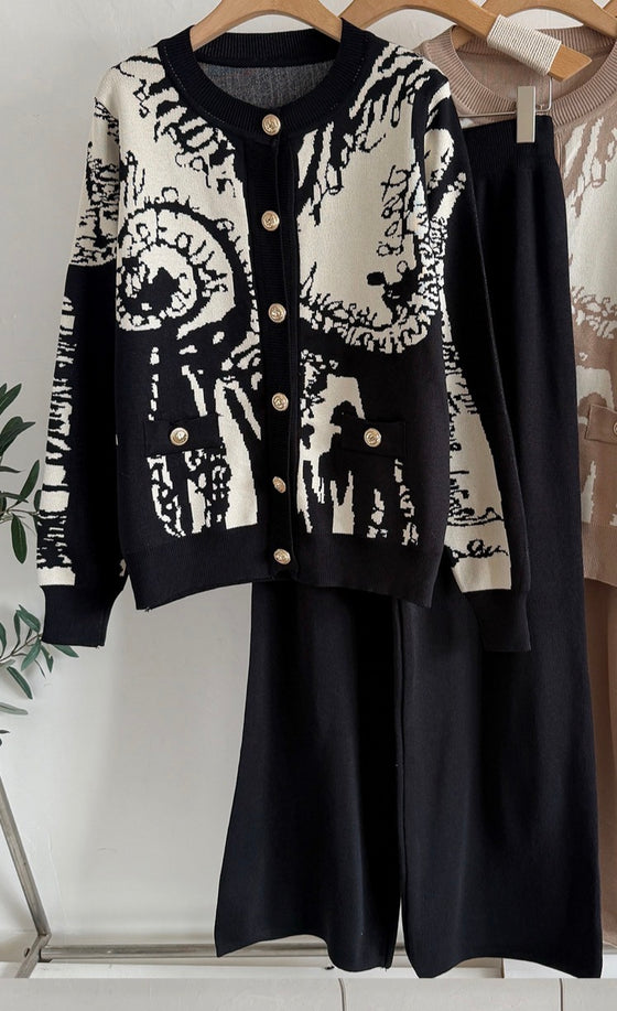 Luxe Abstract Button-Up Knit Set – Black & Cream