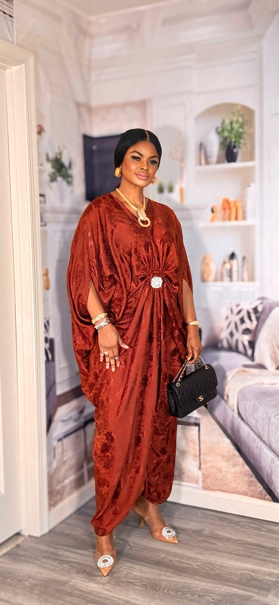 Luxe Royal Satin Kaftan Dress(Burnt orange)