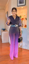 RHINESTONE SHORT SLEEVED BELTED JUMPSUIT(purple)