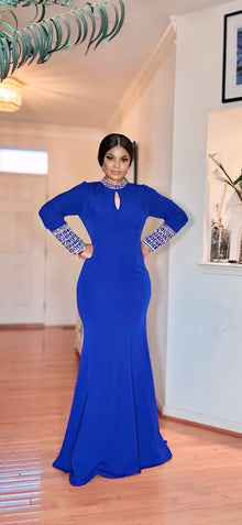  LONG-SLEEVE GEMSTONE FLOORLENGHT MAXI DRESS(ROYAL-BLUE)