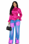 Pink/Blue Flame Studded Wide-Leg Denim(Bottom)
