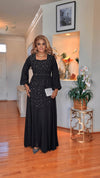 Rhinestone-Belted Long sleeve maxi dress(BLACK)