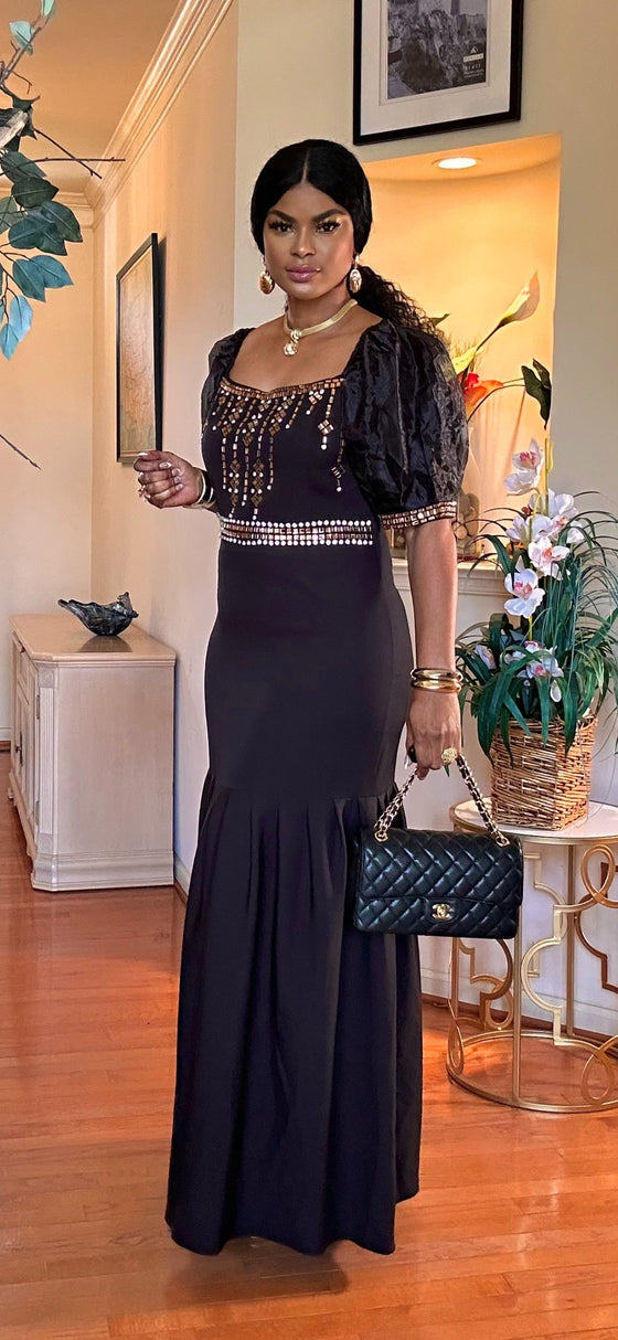 SHORTSLEEVED GEMSTONE MAXI DRESS(BLACK)