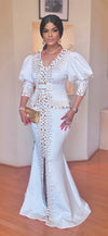 COUTURE BEADED RHINESTONE PUFFY FLOOR LENGTH DRESS( WHITE)