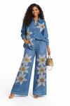 Golden Blossom Denim Palazzo Set