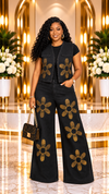 Golden Blossom Rhinestone Denim Set – Black