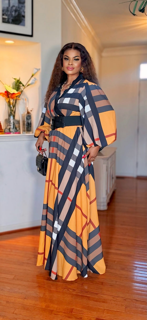 PLAID/BELTED FLOOR LENGTH MAXI DRESS