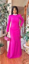 FUSCHIA RHINESTONE MAXI FRONT SLIT DRESS(PINK)