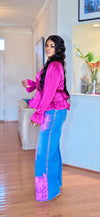 Pink/Blue Flame Studded Wide-Leg Denim(Bottom)