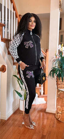  Front Zipper rhinestone jogger set(Black)