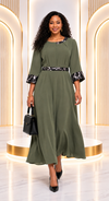 Savannah Grace Animal-Print Trim Maxi Dress(Olive)