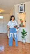 2 PIECE Pearl Bow Rhinestone Denim Set(white/blue)