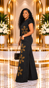 Golden Blossom Rhinestone Denim Set – Black