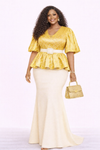 Aurelia Empress Couture Maxi Dress | Luxury Peplum Puff Sleeve Evening Gown(Gold/ivory)