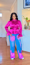 Pink/Blue Flame Studded Wide-Leg Denim(Bottom)