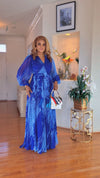 RUCHED-BELTED LONG-SLEEVE MAXI DRESS(BLUE)