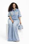 Crystal Glow Denim Palazzo Set